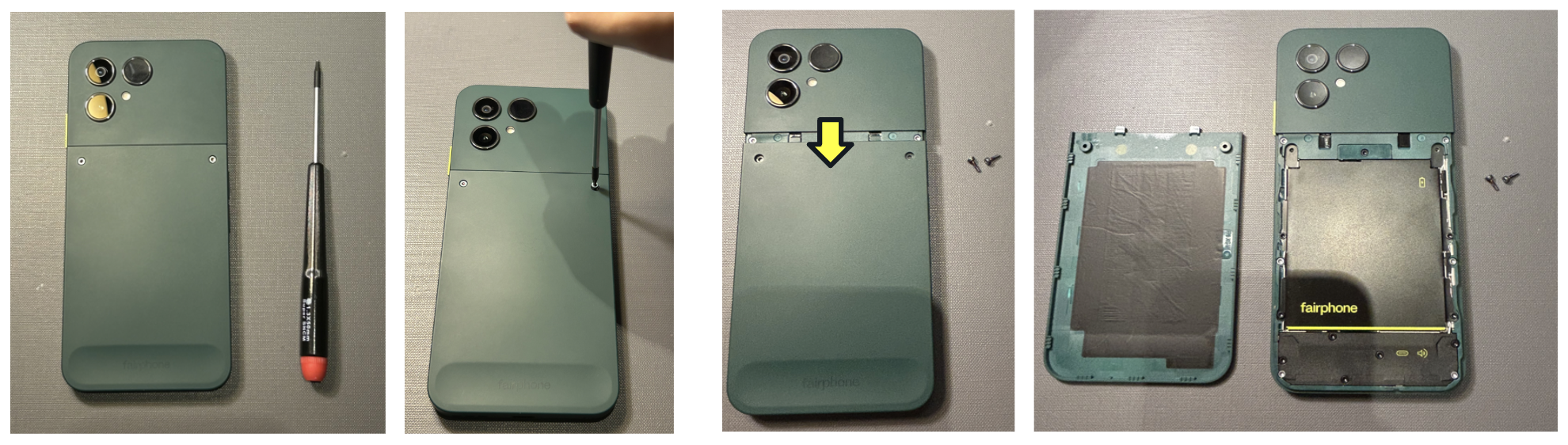 Four photographs showing how to remove screws and slide off the back cover