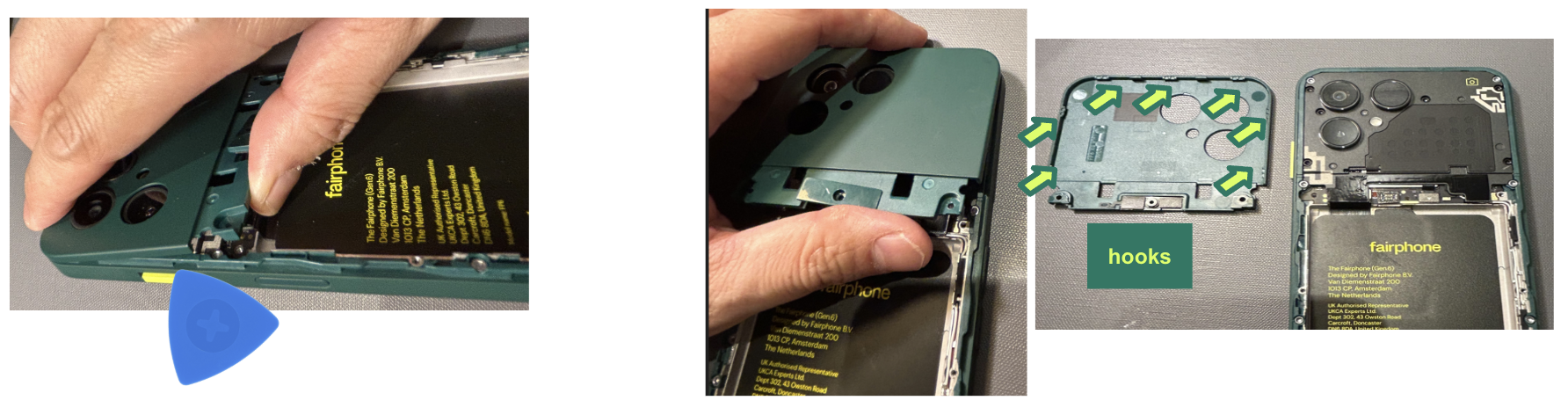 Three photographs showing the removal of the hooks in the upper back cover