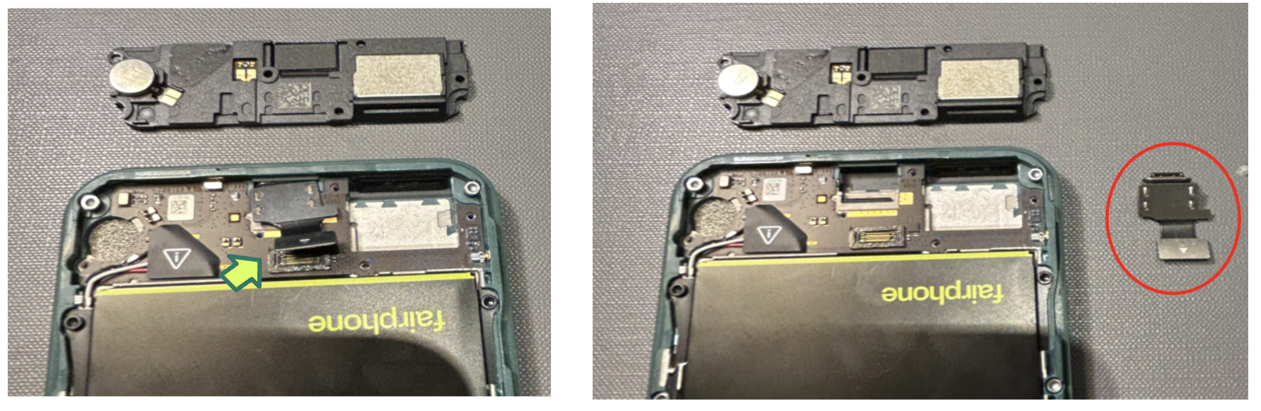 Photograph showing the USB-C port BTB connector and the removed USB-C port